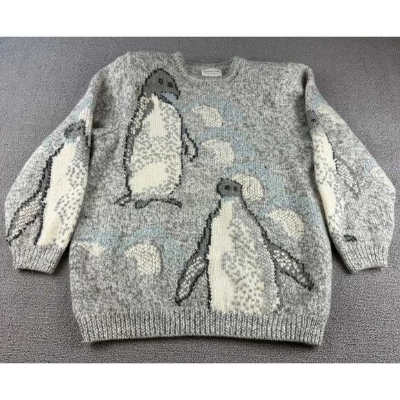 Vintage Roberta Frost Sweater Women S Gray 100% Virgin Wool Hand Knitted Penguin - Picture 1 of 8
